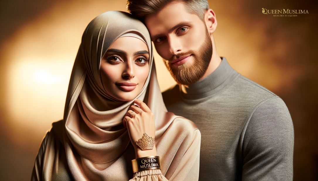 A modern, Caucasian Muslim married couple standing closely, dressed in modest contemporary clothing. The woman wears a hijab and is adorned with \\\"Queen Muslima\\\" bracelet-copyright to QueenMuslima.com