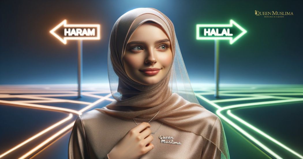 Photo of a young, attractive, white caucasian woman with a simple smile, dressed modestly as a queen in a hijab, standing at a digital intersection-Copyright-QueenMuslima.com