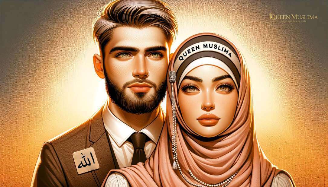 A modern, inspirational portraying a diverse couple, embodying the concept of \\\"Embracing New Love with Renewed Faith\\\"- for reverts-copyright-QueenMuslima.com