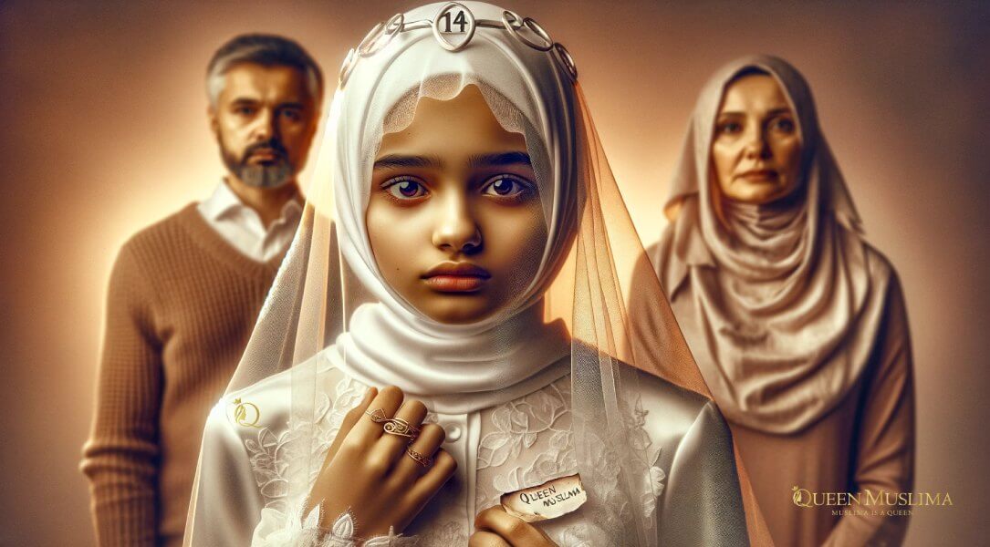 Realistic photo featuring a 14-year-old Muslim girl, dressed in white, embodying the fight against child marriage. Her eyes are fille-copyright-QueenMuslima.com