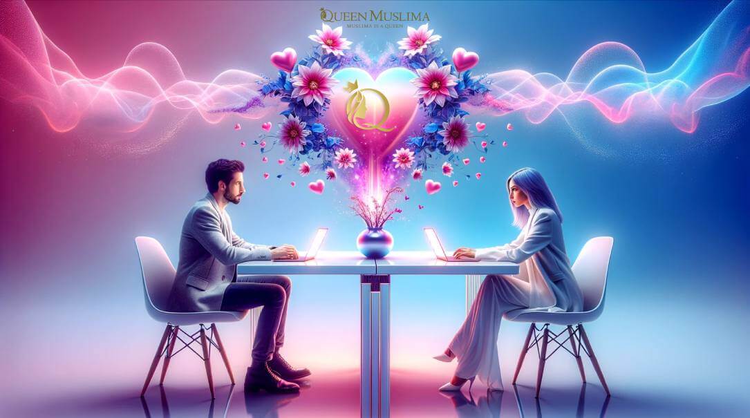 A man and a woman, sitting at a white desk with laptops, facing each other in an ethereal world. The background is a surreal gradient of blue and purp-copyright for queenmusllima.com