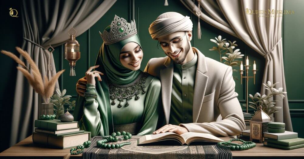 Realistic photo featuring a Muslim couple of different ethnicities, dressed in modern clothes, enthusiastically reading love story-Copyright-queenmuslima.com