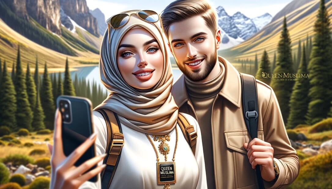 Realistic-photo-of-Caucasian-couple-dressed-in-modern-modest-travel-attire-The woman-is-in-contemporary-respectful-clothes-copyright-QueenMuslima.com